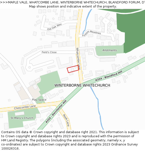 MAPLE VALE, WHATCOMBE LANE, WINTERBORNE WHITECHURCH, BLANDFORD FORUM, DT11 0AG: Location map and indicative extent of plot