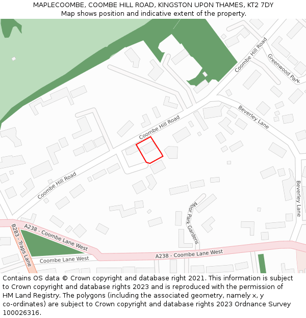 MAPLECOOMBE, COOMBE HILL ROAD, KINGSTON UPON THAMES, KT2 7DY: Location map and indicative extent of plot