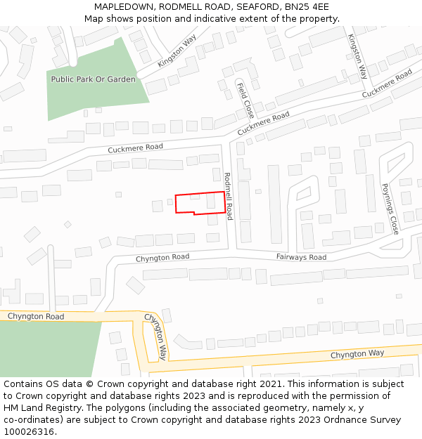MAPLEDOWN, RODMELL ROAD, SEAFORD, BN25 4EE: Location map and indicative extent of plot