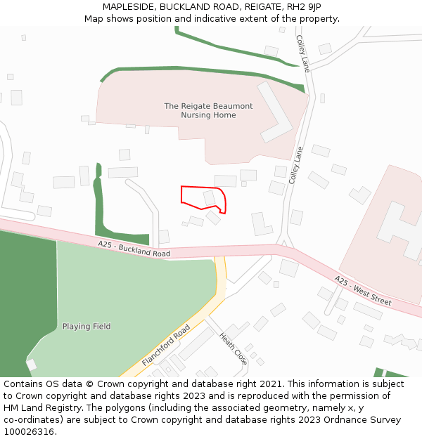 MAPLESIDE, BUCKLAND ROAD, REIGATE, RH2 9JP: Location map and indicative extent of plot