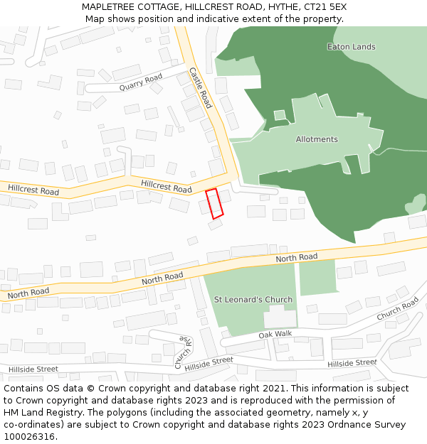 MAPLETREE COTTAGE, HILLCREST ROAD, HYTHE, CT21 5EX: Location map and indicative extent of plot