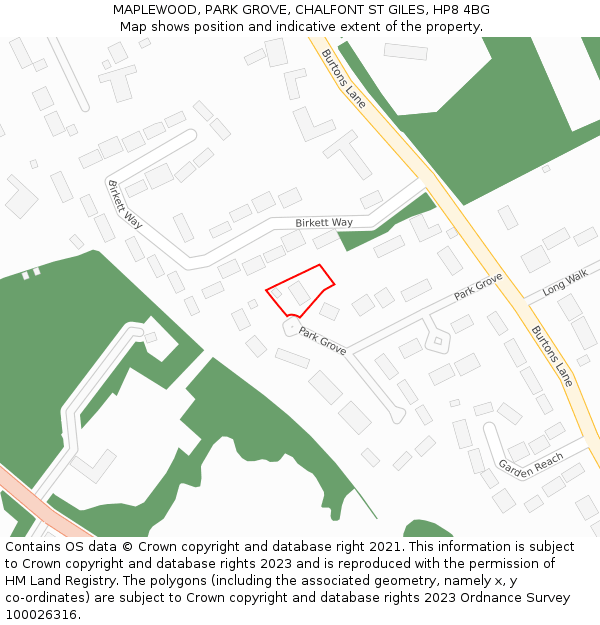 MAPLEWOOD, PARK GROVE, CHALFONT ST GILES, HP8 4BG: Location map and indicative extent of plot