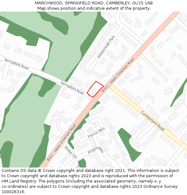 MARCHWOOD, SPRINGFIELD ROAD, CAMBERLEY, GU15 1AB: Location map and indicative extent of plot