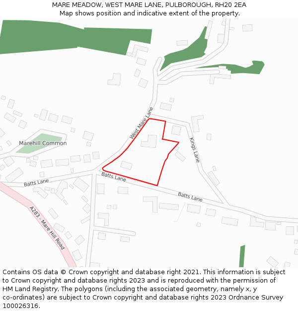 MARE MEADOW, WEST MARE LANE, PULBOROUGH, RH20 2EA: Location map and indicative extent of plot