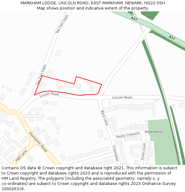 MARKHAM LODGE, LINCOLN ROAD, EAST MARKHAM, NEWARK, NG22 0SH: Location map and indicative extent of plot