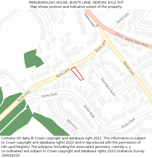 MARLBOROUGH HOUSE, BUNTS LANE, SEATON, EX12 2HT: Location map and indicative extent of plot