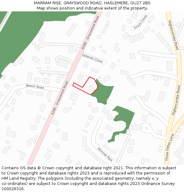 MARRAM RISE, GRAYSWOOD ROAD, HASLEMERE, GU27 2BS: Location map and indicative extent of plot