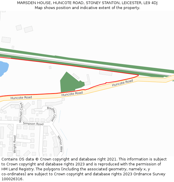 MARSDEN HOUSE, HUNCOTE ROAD, STONEY STANTON, LEICESTER, LE9 4DJ: Location map and indicative extent of plot