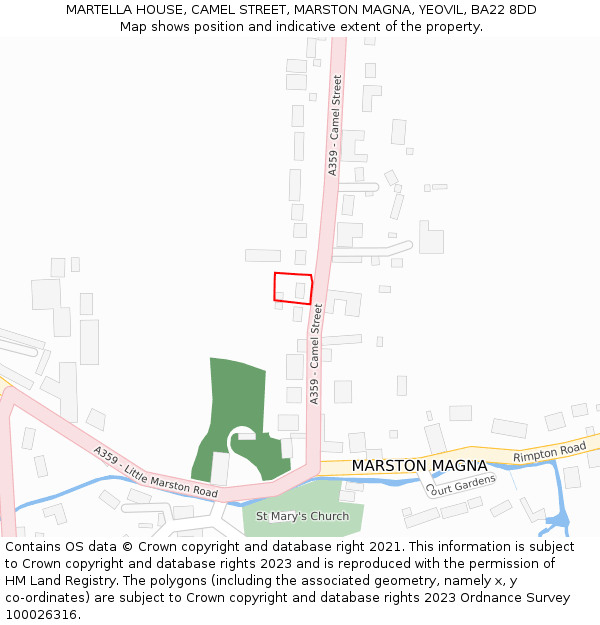 MARTELLA HOUSE, CAMEL STREET, MARSTON MAGNA, YEOVIL, BA22 8DD: Location map and indicative extent of plot