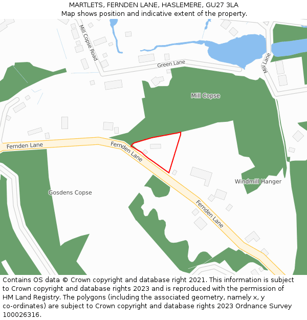 MARTLETS, FERNDEN LANE, HASLEMERE, GU27 3LA: Location map and indicative extent of plot