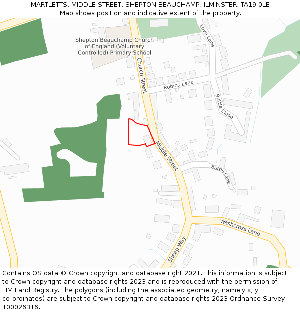 MARTLETTS, MIDDLE STREET, SHEPTON BEAUCHAMP, ILMINSTER, TA19 0LE: Location map and indicative extent of plot