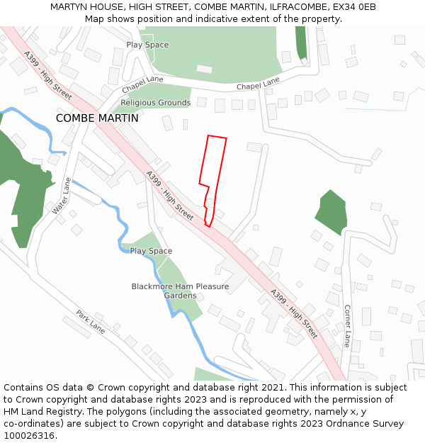 MARTYN HOUSE, HIGH STREET, COMBE MARTIN, ILFRACOMBE, EX34 0EB: Location map and indicative extent of plot
