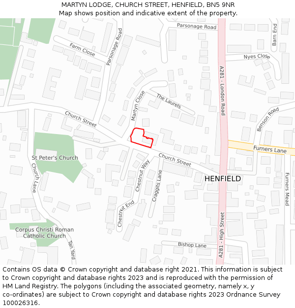 MARTYN LODGE, CHURCH STREET, HENFIELD, BN5 9NR: Location map and indicative extent of plot