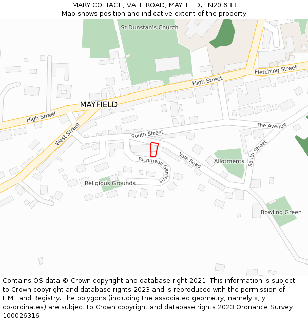 MARY COTTAGE, VALE ROAD, MAYFIELD, TN20 6BB: Location map and indicative extent of plot