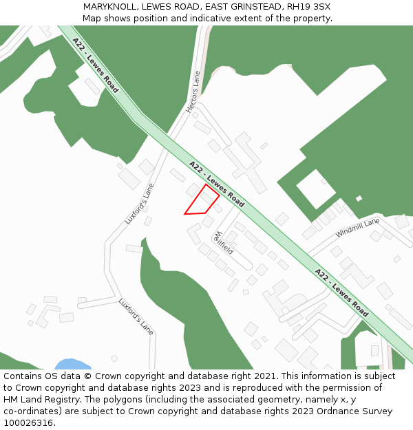 MARYKNOLL, LEWES ROAD, EAST GRINSTEAD, RH19 3SX: Location map and indicative extent of plot