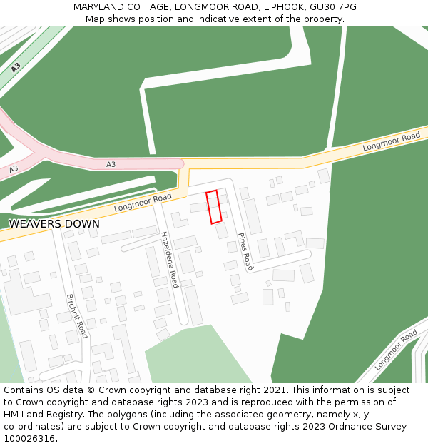 MARYLAND COTTAGE, LONGMOOR ROAD, LIPHOOK, GU30 7PG: Location map and indicative extent of plot