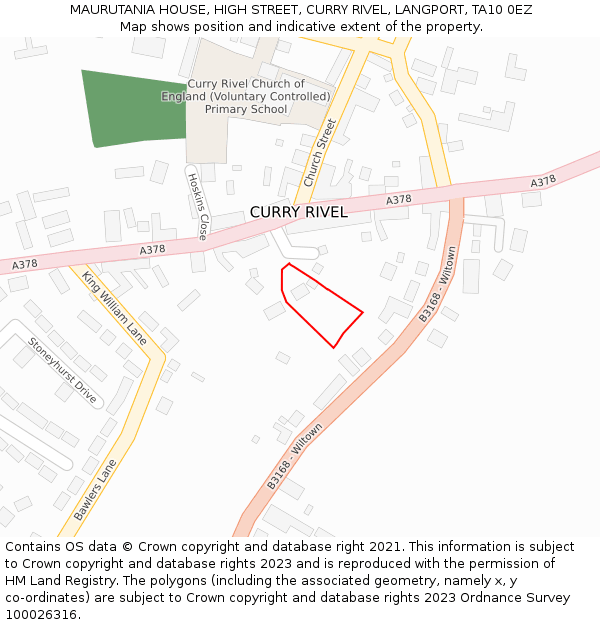 MAURUTANIA HOUSE, HIGH STREET, CURRY RIVEL, LANGPORT, TA10 0EZ: Location map and indicative extent of plot