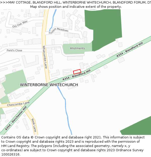 MAY COTTAGE, BLANDFORD HILL, WINTERBORNE WHITECHURCH, BLANDFORD FORUM, DT11 0AE: Location map and indicative extent of plot