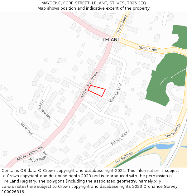 MAYDENE, FORE STREET, LELANT, ST IVES, TR26 3EQ: Location map and indicative extent of plot