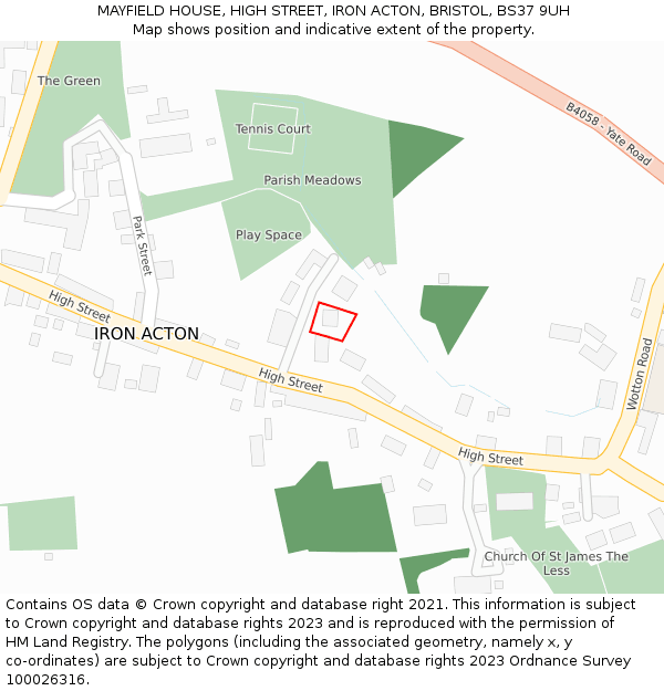 MAYFIELD HOUSE, HIGH STREET, IRON ACTON, BRISTOL, BS37 9UH: Location map and indicative extent of plot