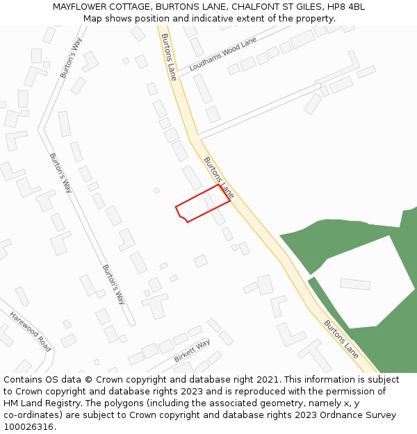 MAYFLOWER COTTAGE, BURTONS LANE, CHALFONT ST GILES, HP8 4BL: Location map and indicative extent of plot