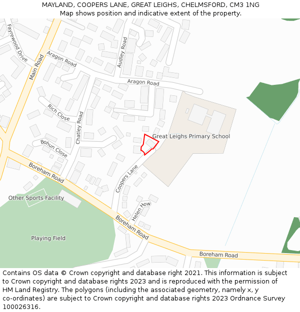 MAYLAND, COOPERS LANE, GREAT LEIGHS, CHELMSFORD, CM3 1NG: Location map and indicative extent of plot