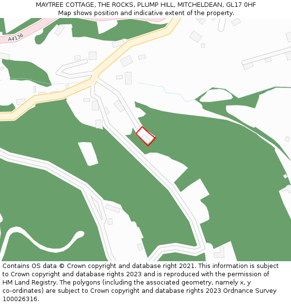 MAYTREE COTTAGE, THE ROCKS, PLUMP HILL, MITCHELDEAN, GL17 0HF: Location map and indicative extent of plot