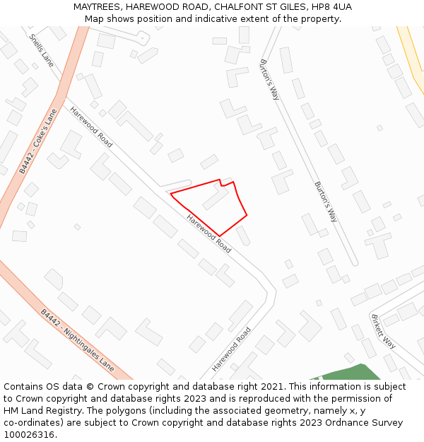 MAYTREES, HAREWOOD ROAD, CHALFONT ST GILES, HP8 4UA: Location map and indicative extent of plot