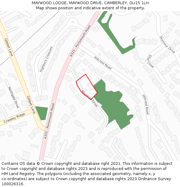 MAYWOOD LODGE, MAYWOOD DRIVE, CAMBERLEY, GU15 1LH: Location map and indicative extent of plot