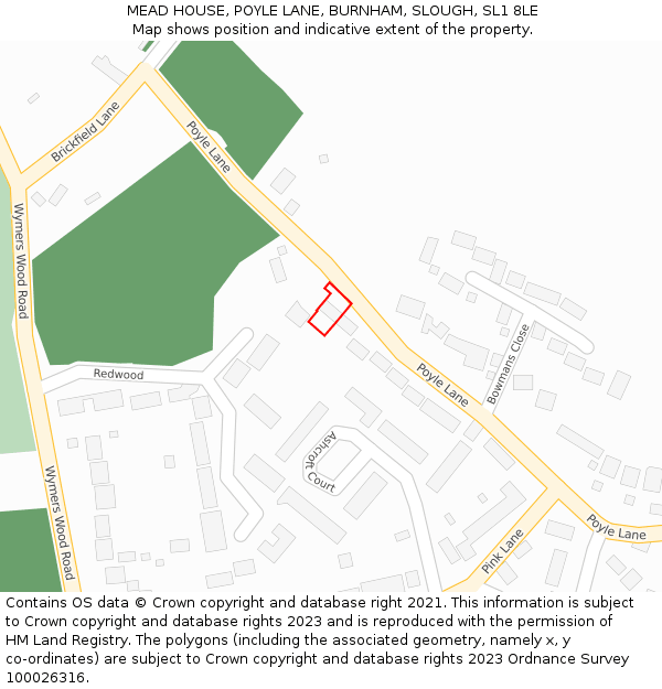 MEAD HOUSE, POYLE LANE, BURNHAM, SLOUGH, SL1 8LE: Location map and indicative extent of plot