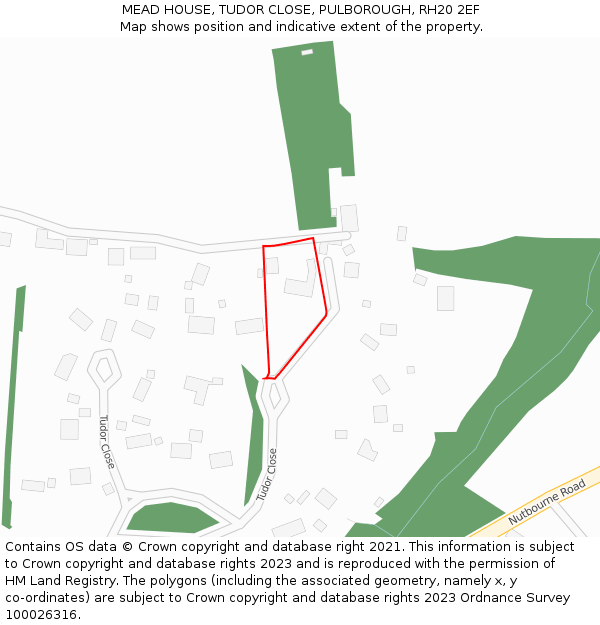 MEAD HOUSE, TUDOR CLOSE, PULBOROUGH, RH20 2EF: Location map and indicative extent of plot