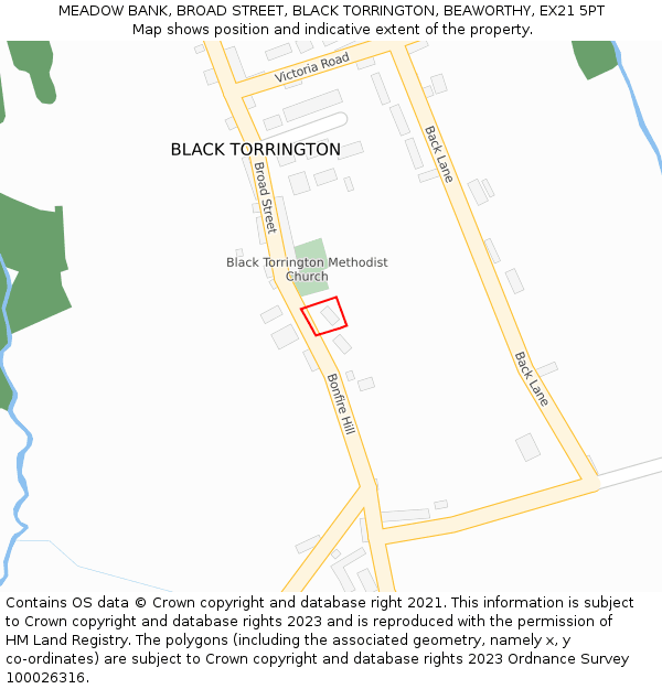 MEADOW BANK, BROAD STREET, BLACK TORRINGTON, BEAWORTHY, EX21 5PT: Location map and indicative extent of plot