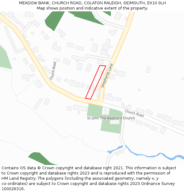 MEADOW BANK, CHURCH ROAD, COLATON RALEIGH, SIDMOUTH, EX10 0LH: Location map and indicative extent of plot