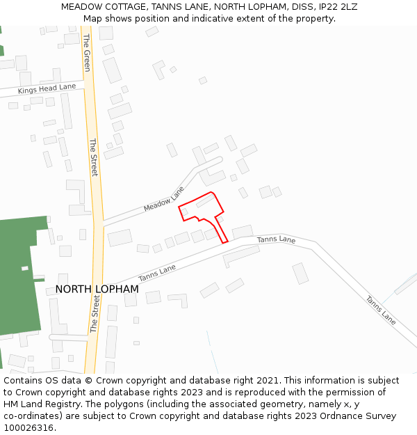 MEADOW COTTAGE, TANNS LANE, NORTH LOPHAM, DISS, IP22 2LZ: Location map and indicative extent of plot