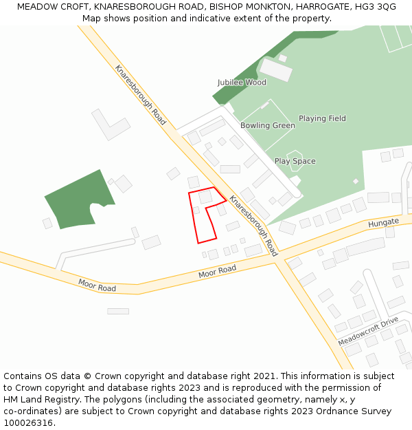MEADOW CROFT, KNARESBOROUGH ROAD, BISHOP MONKTON, HARROGATE, HG3 3QG: Location map and indicative extent of plot