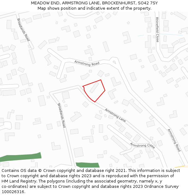 MEADOW END, ARMSTRONG LANE, BROCKENHURST, SO42 7SY: Location map and indicative extent of plot