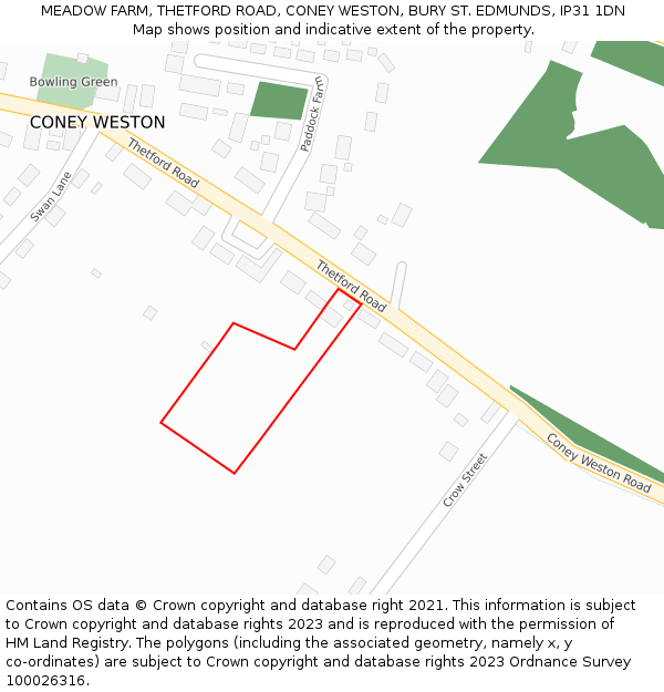 MEADOW FARM, THETFORD ROAD, CONEY WESTON, BURY ST. EDMUNDS, IP31 1DN: Location map and indicative extent of plot