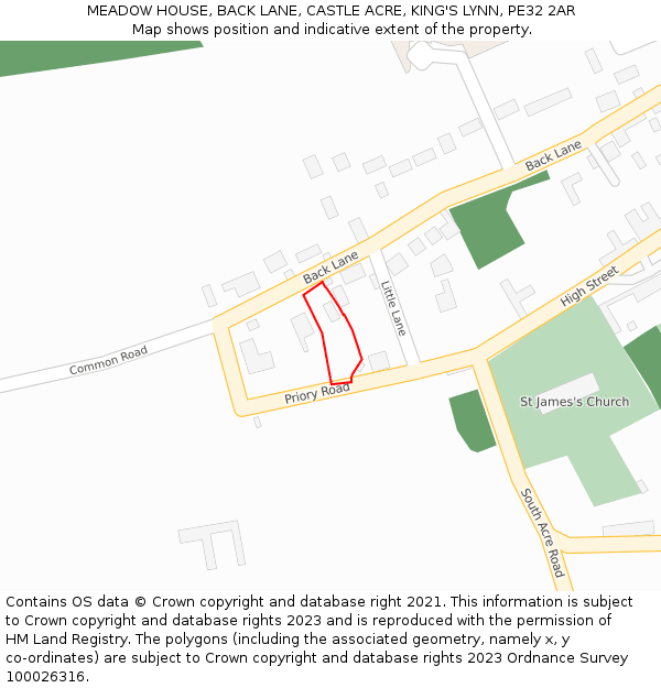 MEADOW HOUSE, BACK LANE, CASTLE ACRE, KING'S LYNN, PE32 2AR: Location map and indicative extent of plot