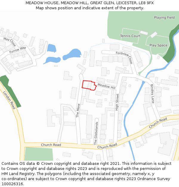 MEADOW HOUSE, MEADOW HILL, GREAT GLEN, LEICESTER, LE8 9FX: Location map and indicative extent of plot