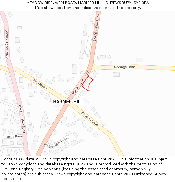 MEADOW RISE, WEM ROAD, HARMER HILL, SHREWSBURY, SY4 3EA: Location map and indicative extent of plot