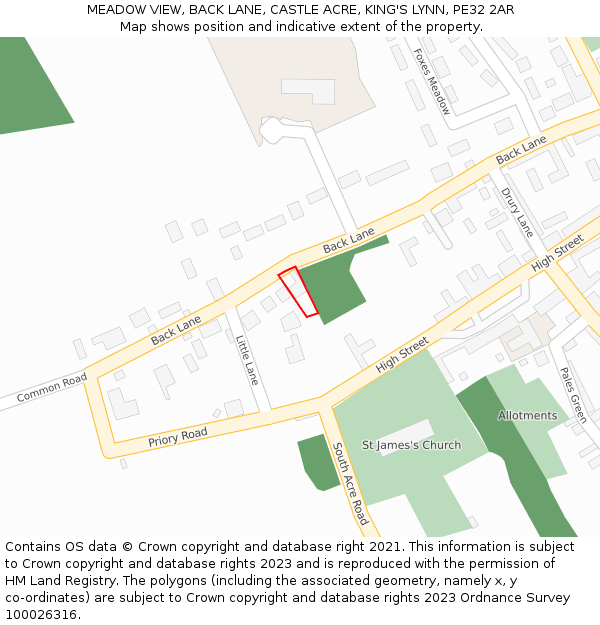 MEADOW VIEW, BACK LANE, CASTLE ACRE, KING'S LYNN, PE32 2AR: Location map and indicative extent of plot