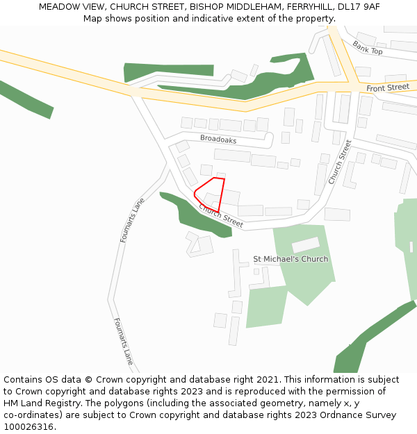 MEADOW VIEW, CHURCH STREET, BISHOP MIDDLEHAM, FERRYHILL, DL17 9AF: Location map and indicative extent of plot