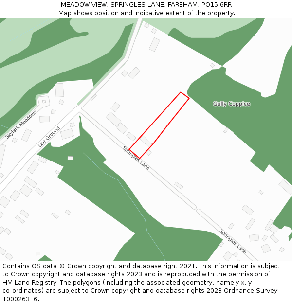 MEADOW VIEW, SPRINGLES LANE, FAREHAM, PO15 6RR: Location map and indicative extent of plot