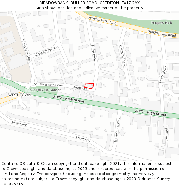 MEADOWBANK, BULLER ROAD, CREDITON, EX17 2AX: Location map and indicative extent of plot