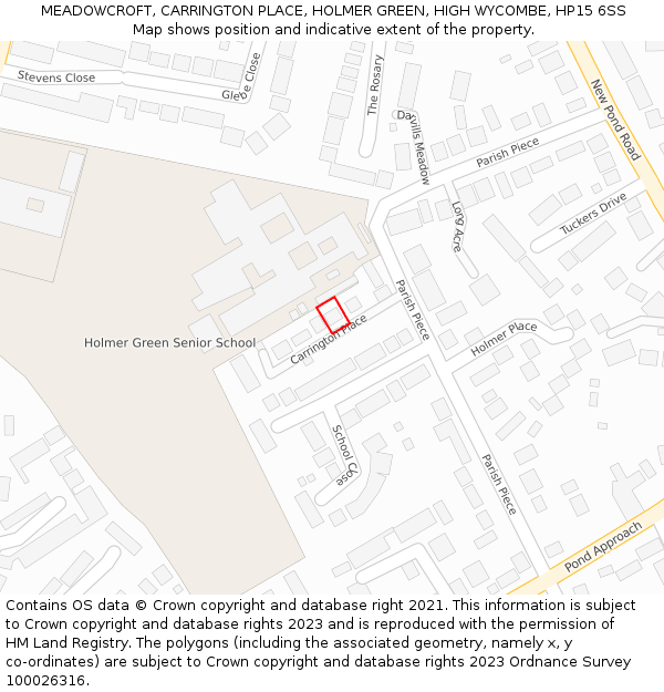 MEADOWCROFT, CARRINGTON PLACE, HOLMER GREEN, HIGH WYCOMBE, HP15 6SS: Location map and indicative extent of plot
