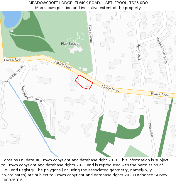 MEADOWCROFT LODGE, ELWICK ROAD, HARTLEPOOL, TS26 0BQ: Location map and indicative extent of plot