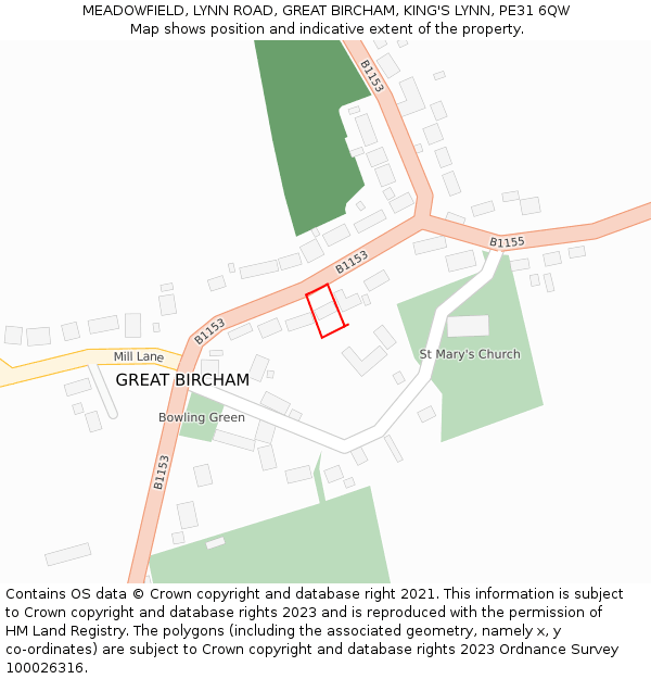 MEADOWFIELD, LYNN ROAD, GREAT BIRCHAM, KING'S LYNN, PE31 6QW: Location map and indicative extent of plot