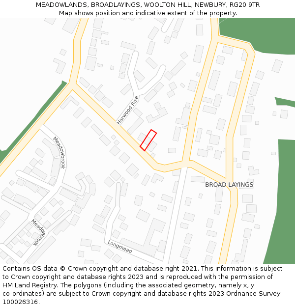 MEADOWLANDS, BROADLAYINGS, WOOLTON HILL, NEWBURY, RG20 9TR: Location map and indicative extent of plot
