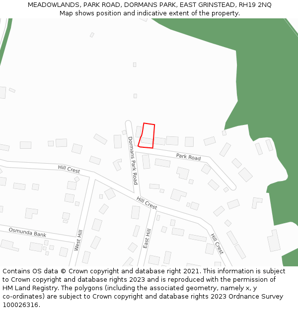 MEADOWLANDS, PARK ROAD, DORMANS PARK, EAST GRINSTEAD, RH19 2NQ: Location map and indicative extent of plot