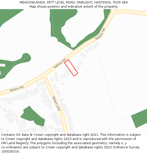 MEADOWLANDS, PETT LEVEL ROAD, FAIRLIGHT, HASTINGS, TN35 4EA: Location map and indicative extent of plot